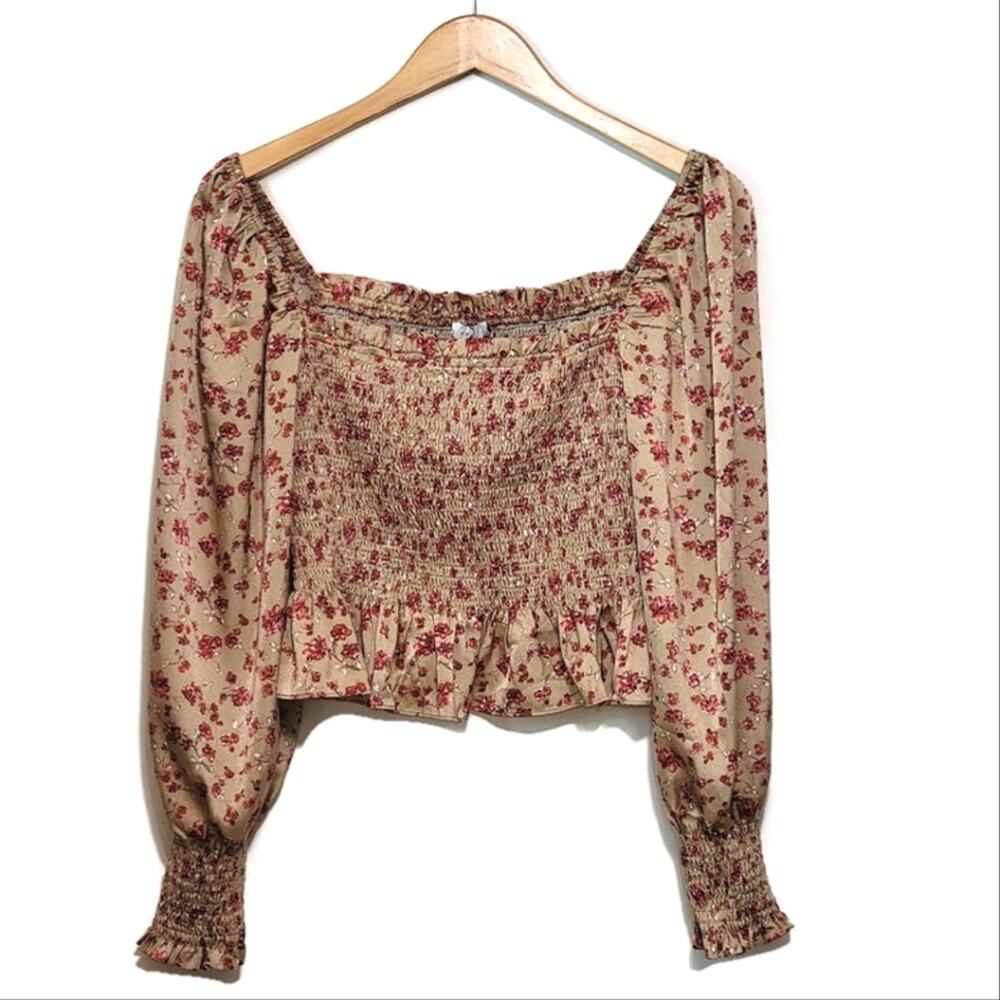 LUSH Floral Peplum Top Smocked Front Square Neckline Long Sleeve Size M